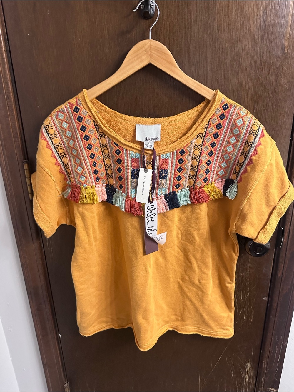Anthropologie MHC Embroidered Fringe Boho Top Mustard Size L NWT